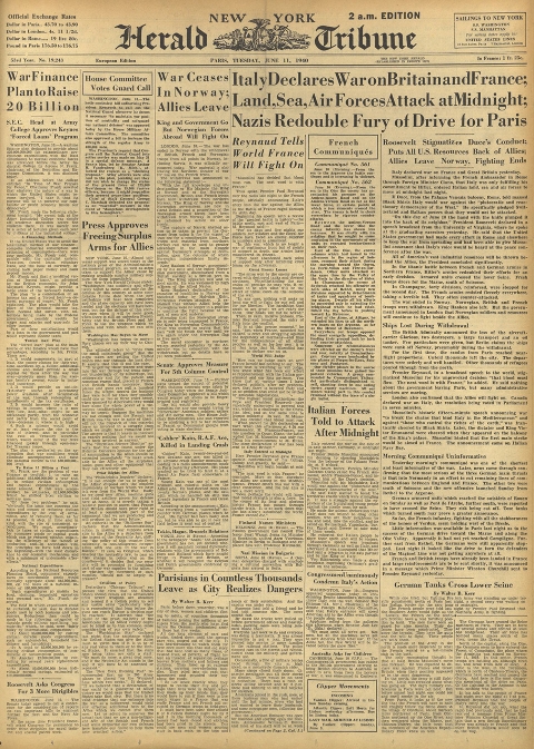 june 11 1940 front page of international herald tribune