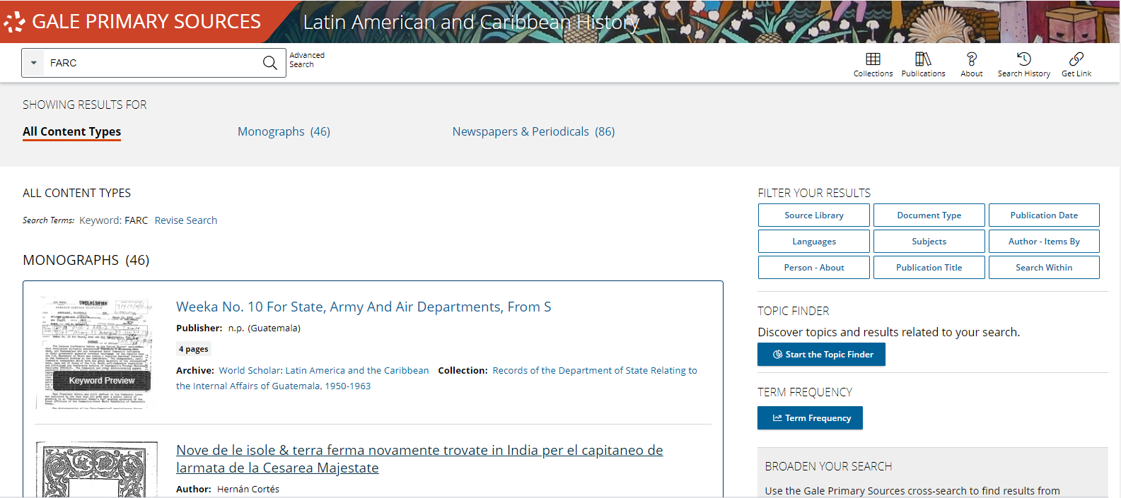 Screen shot of Archives of Latin America and Caribbean History, Sixteenth to Twentieth Century search results