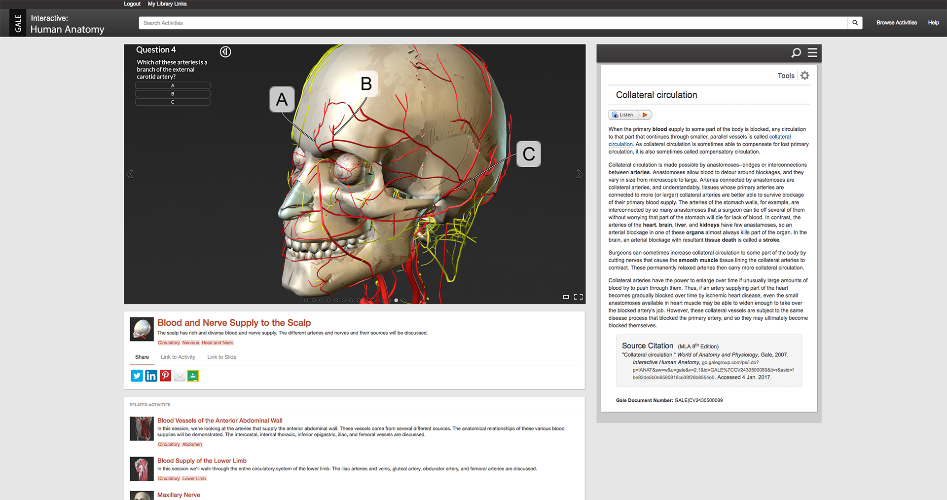 Self-assessment tool in Gale Interactive: Human Anatomy.