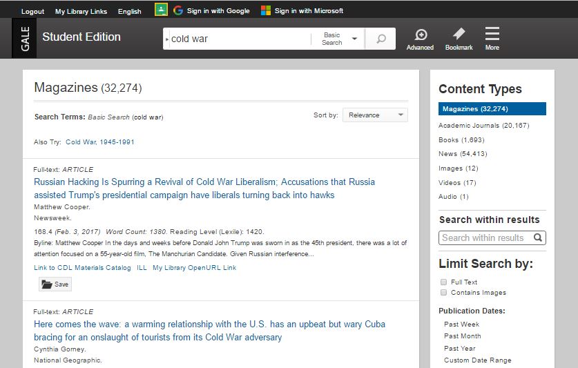 InfoTrac Student Edition search results page