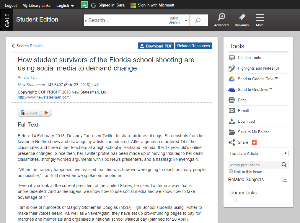 InfoTrac Student Edition article view