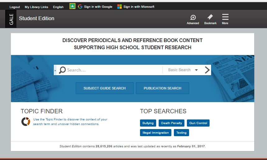InfoTrac Student Edition home page.
