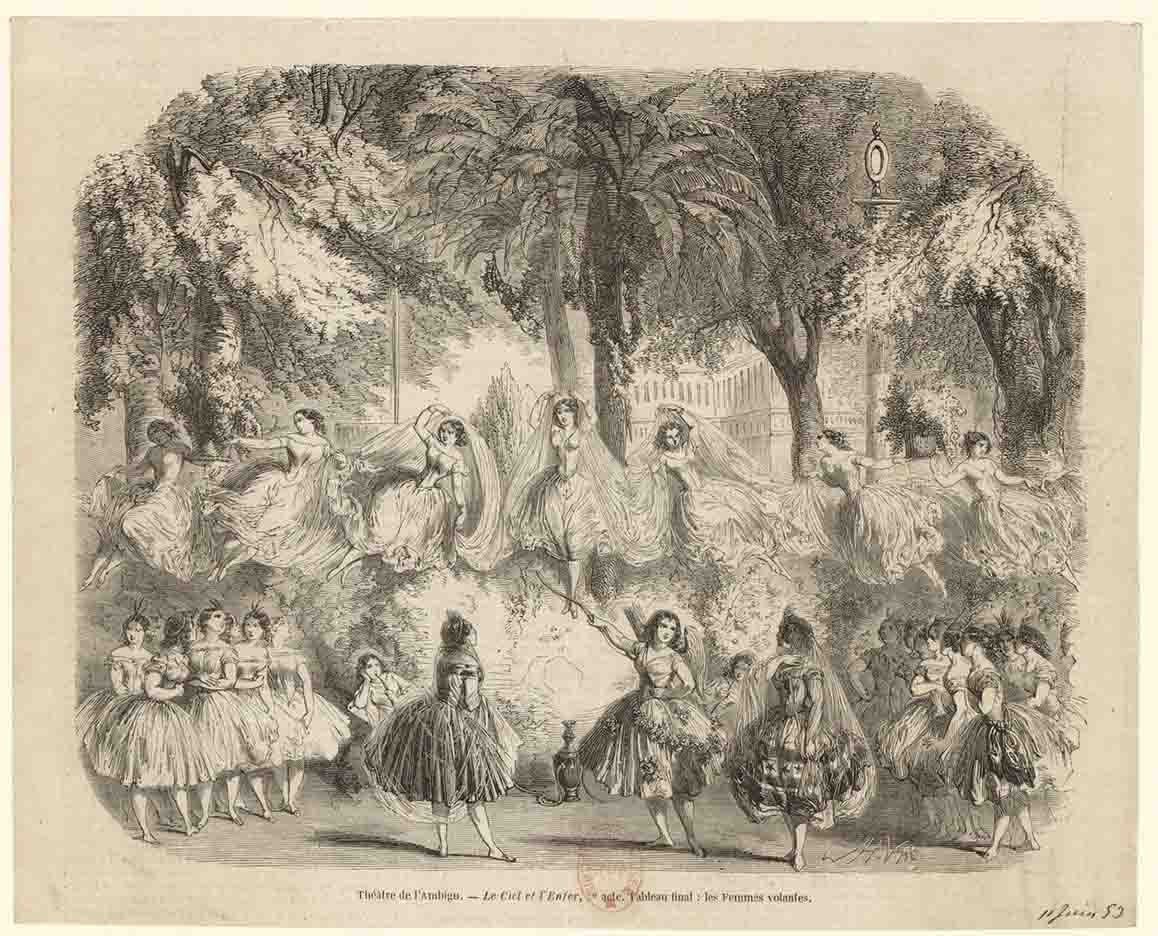 Women dancing as if in a garden, some above as if floating in the sky
From: Théâtre de l'Ambigu. Le ciel et l'Enfer, 3e acte. Tableau final : les femmes volantes : [estampe] / AH. Val [sig.] (1853)