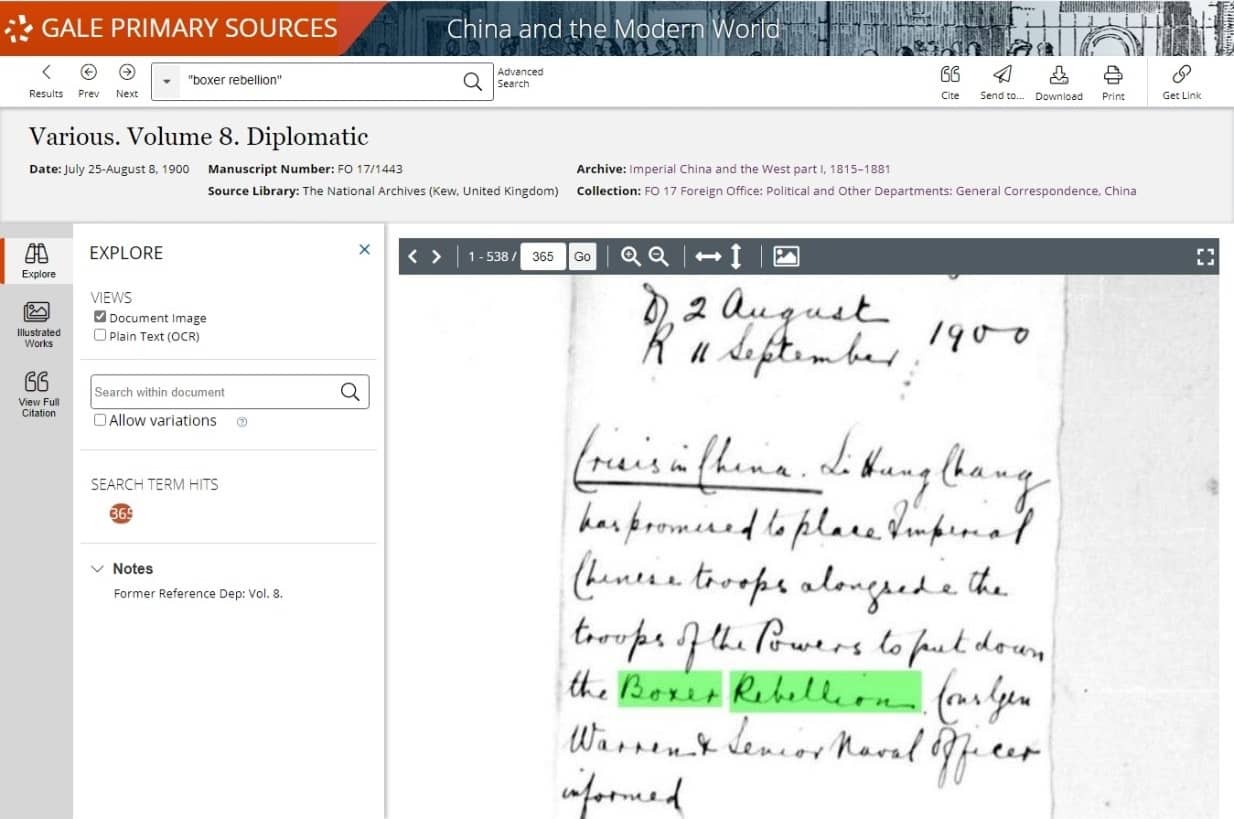 Example of a full text search enabled by Handwritten Text Recognition (HTR). FO 17/1443: Various. Volume 8. Diplomatic. July 25-August 8, 1900.
