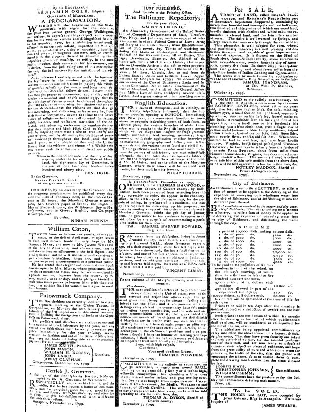 Multiple classified advertisements within an issue of the Maryland Gazette