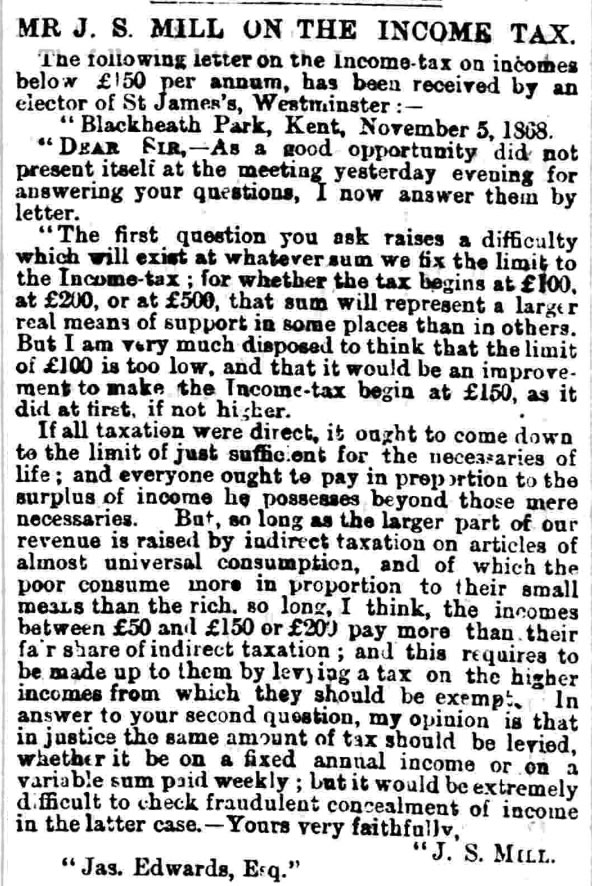 John Stuart Mill in the Dundee Courier, 11 November 1868.