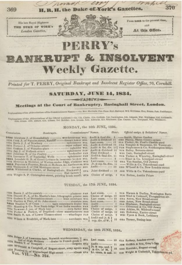 Perry's Bankrupt Gazette,14 June 1834: 369-70.