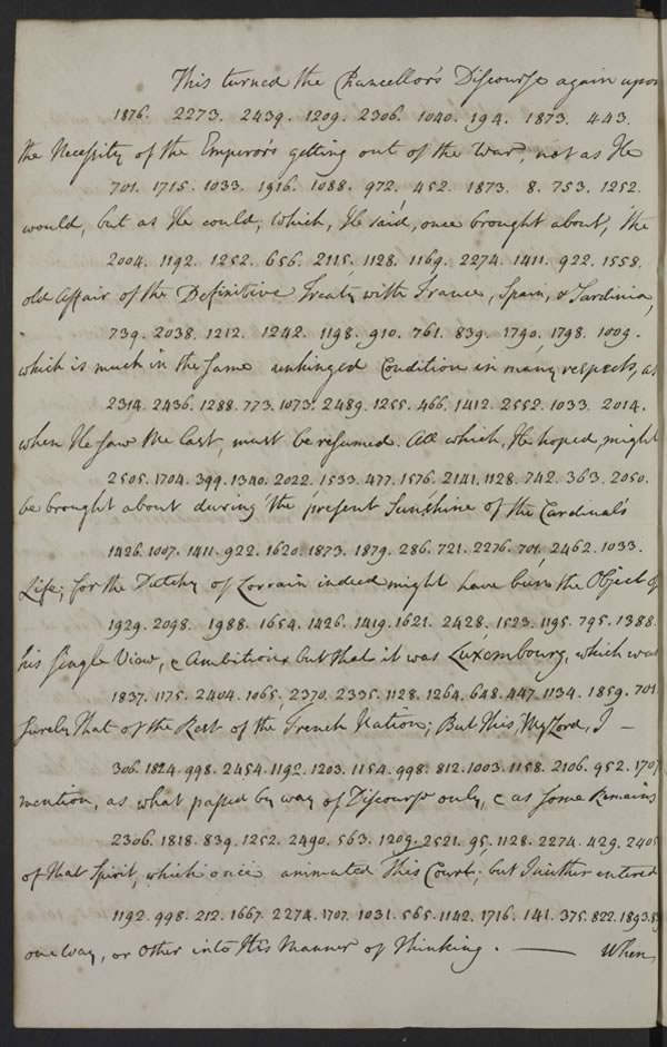 Page in cypher of letter from Thomas Robinson, diplomat in Vienna to Rt Hon. Lord Harrington, Secretary of State, 28 May 1738 discussing the Emperor getting out of the war.  All images © Reproduced by kind permission of The National Archives of the UK