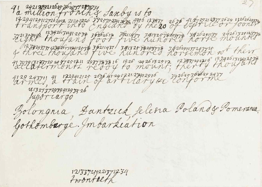 RA SP/Main/17/27 – Decoded extract detailing Swedish support for a planned Jacobite uprising, 1717 Supplied by the Royal Archives /© Her Majesty Queen Elizabeth II
