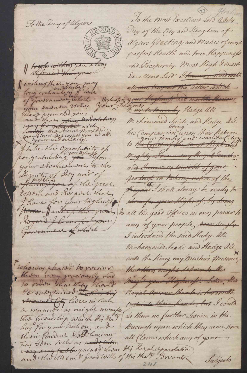 SP71/11 f.44: Draft letter from the Duke of Newcastle to the Dey of Algiers, 1732