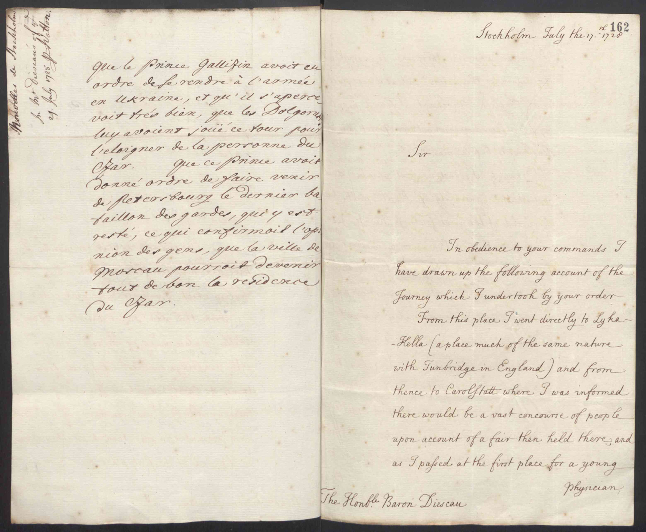 Sp095-050_0165 – SP95/50 f.162: John Snow to Baron Diescau. Stockholm, 17 July 1728