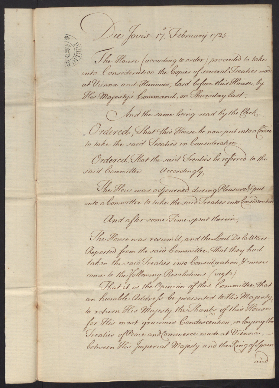 SP 103/107 f.109: Resolution of the House of Lords, upon the Treatys of Vienna & Hanover, 17 February 1725
