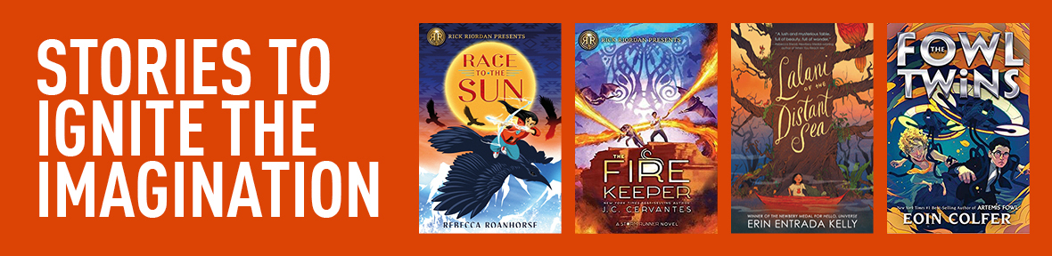 Orange banner with book covers