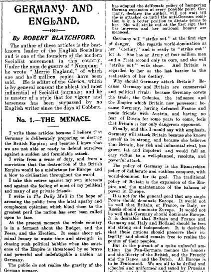 「ドイツは大英帝国の破壊を準備している」とドイツの脅威を扇動する記事を第一次大戦が勃発する5年前に掲載（1909年12月13日）