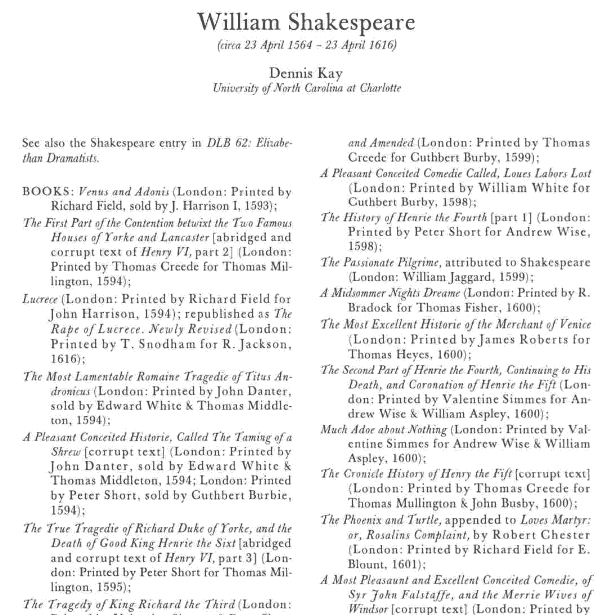 Kay, Dennis. "William Shakespeare (circa 23 April 1564-23 April 1616)." Sixteenth-Century British Nondramatic Writers: Fourth Series, Dictionary of Literary Biography Vol. 172