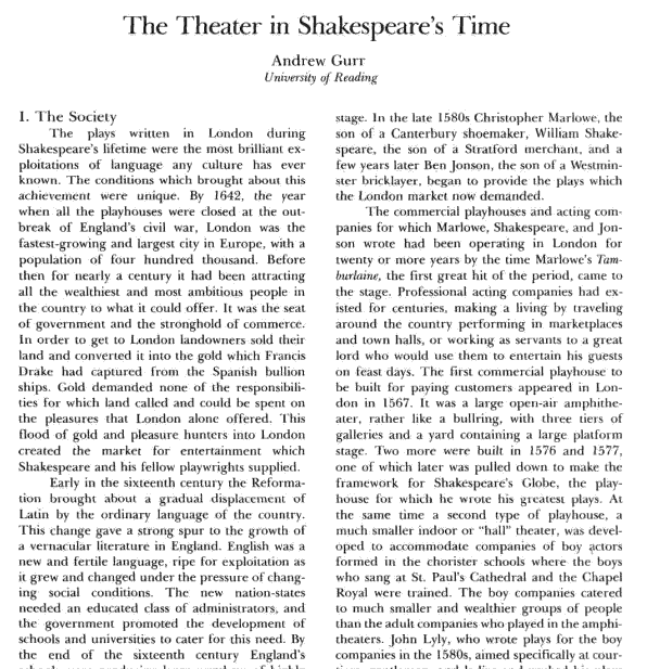 Gurr, Andrew. "The Theater in Shakespeare's Time." Elizabethan Dramatists, Dictionary of Literary Biography Vol. 62