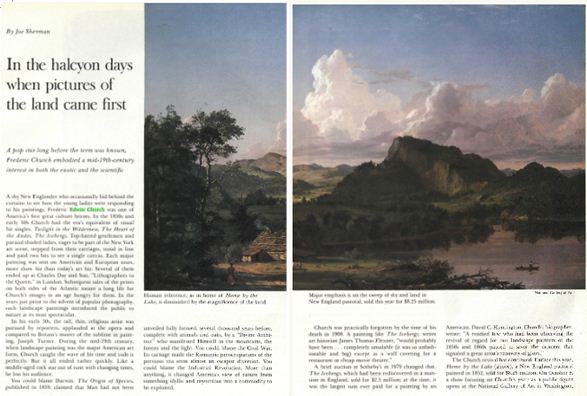 19世紀のエキゾチズムと科学への興味を描いた風景画家フレデリック・エドウィン・チャーチを紹介する記事。絵は「湖畔の家（Home by the Lake）」”Smithsonian Magazine October 1989” (Smithsonian Collections Online, Smithsonian and Air & Space Magazines 所収)