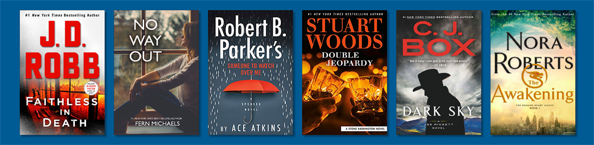 Dark blue banner with book covers