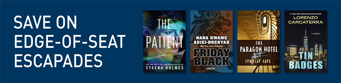Dark blue banner with book covers