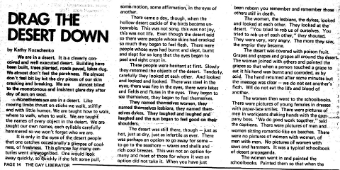 article by Kathy Kozachenko published in Gay Liberator (August 1974).