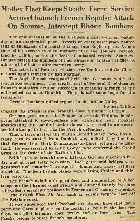 June 2, 1940 column from the International Herald Tribune. Dunkirk Evacuation