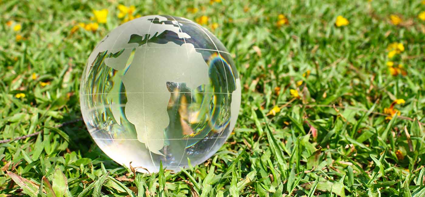 Close up of a glass globe sitting in a grass field.