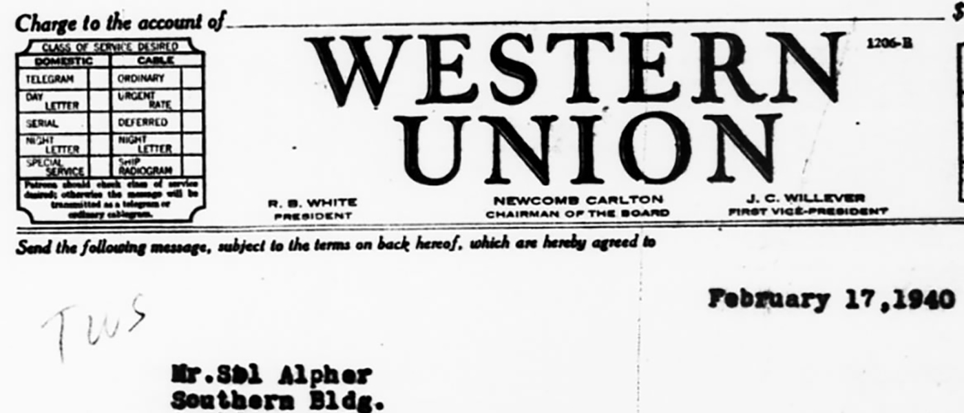 Baldwin, Roger N., Telegram, February 17, 1940, in Correspondence-Federal Legislation: Alien Legislation, Volume 2073.!''