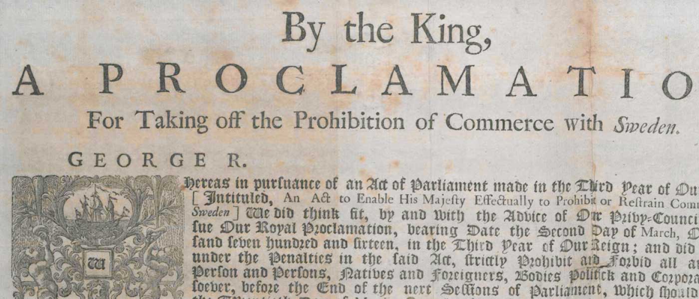 SP91/9 f.178:Proclamation by George I For Taking off the Prohibition of Commerce with Sweden.4 April 1719.