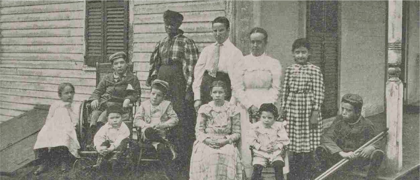 Image provided by the Connecticut Children’s Aid Society from the Douglas C. McMurtrie Cripples Collection (F54 McM), New York Academy of Medicine Library. Children at the Newington Home for Incurables, Newington, Connecticut, circa 1899.!''