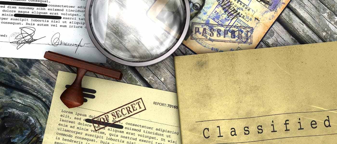 Top secret document, declassified, confidential information, secret text. Non-public information. Sheet of paper with classified information. Rubber stamp and magnifying glass. Passport, secret agent.