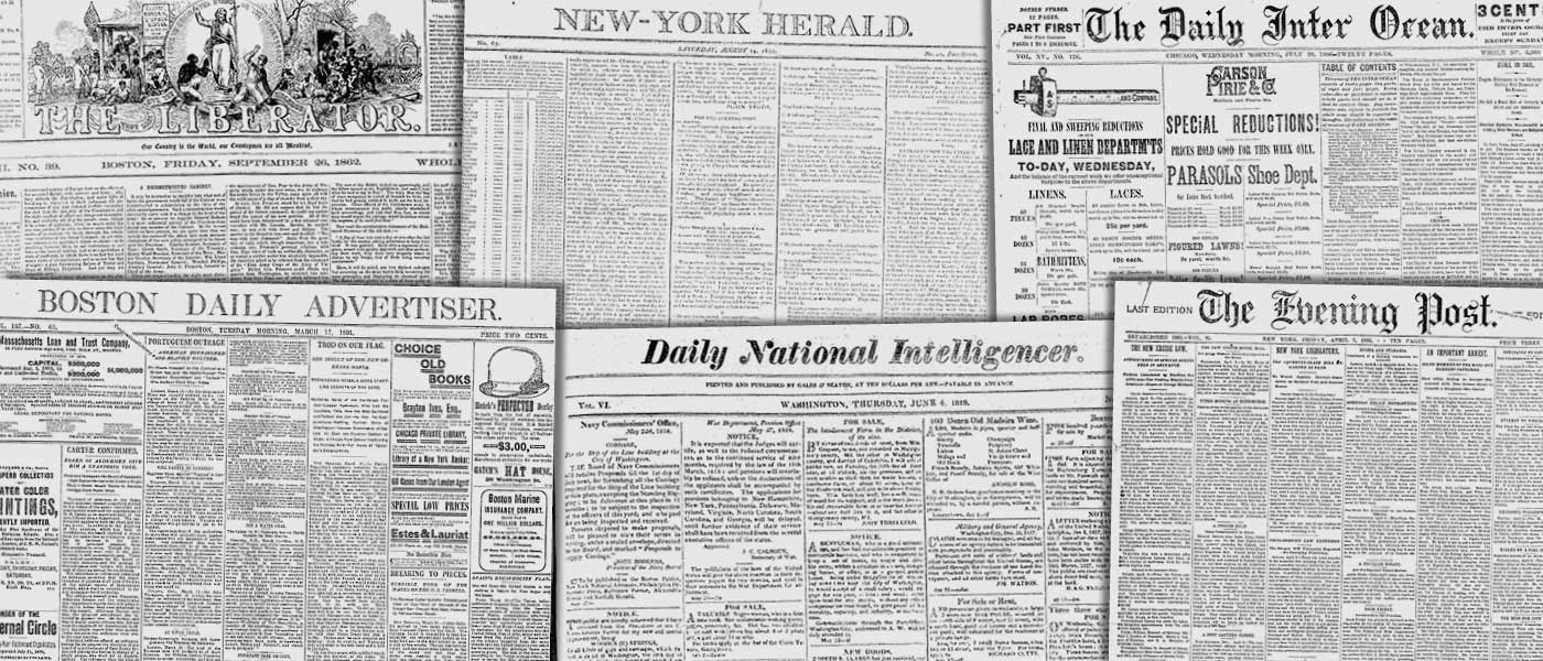 19世紀のアメリカ新聞の紙面画像コラージュ