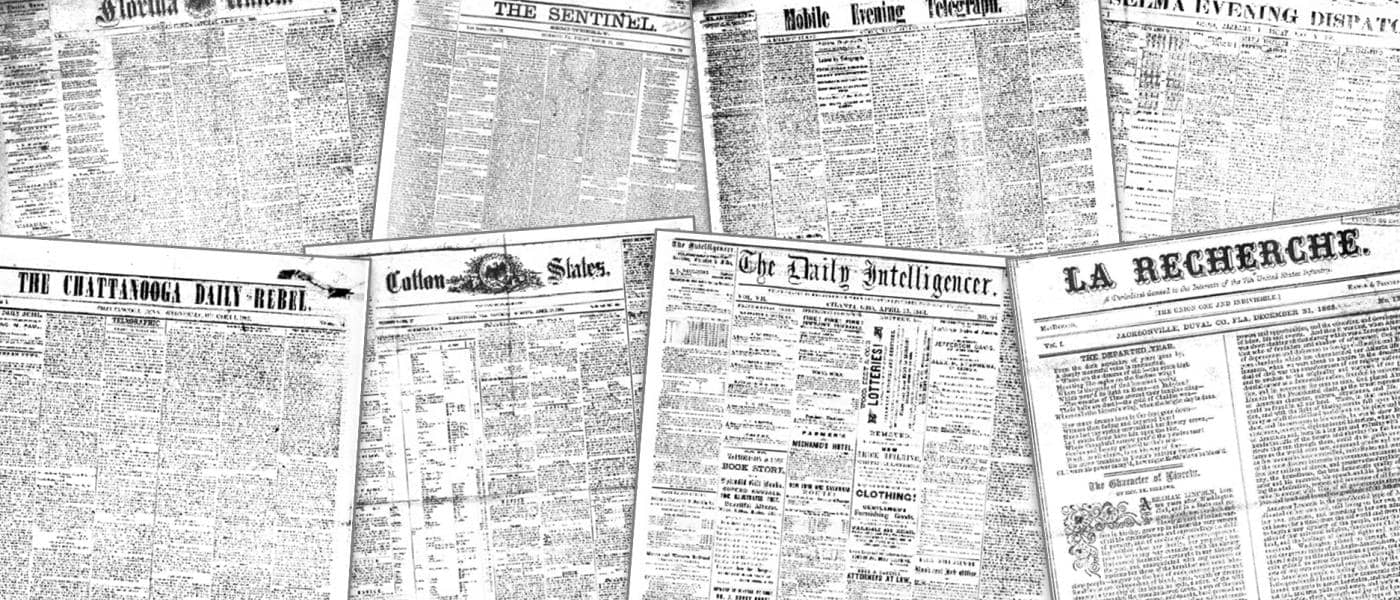 南北戦争時の南部連合系新聞集より複数の紙面画像のコラージュ