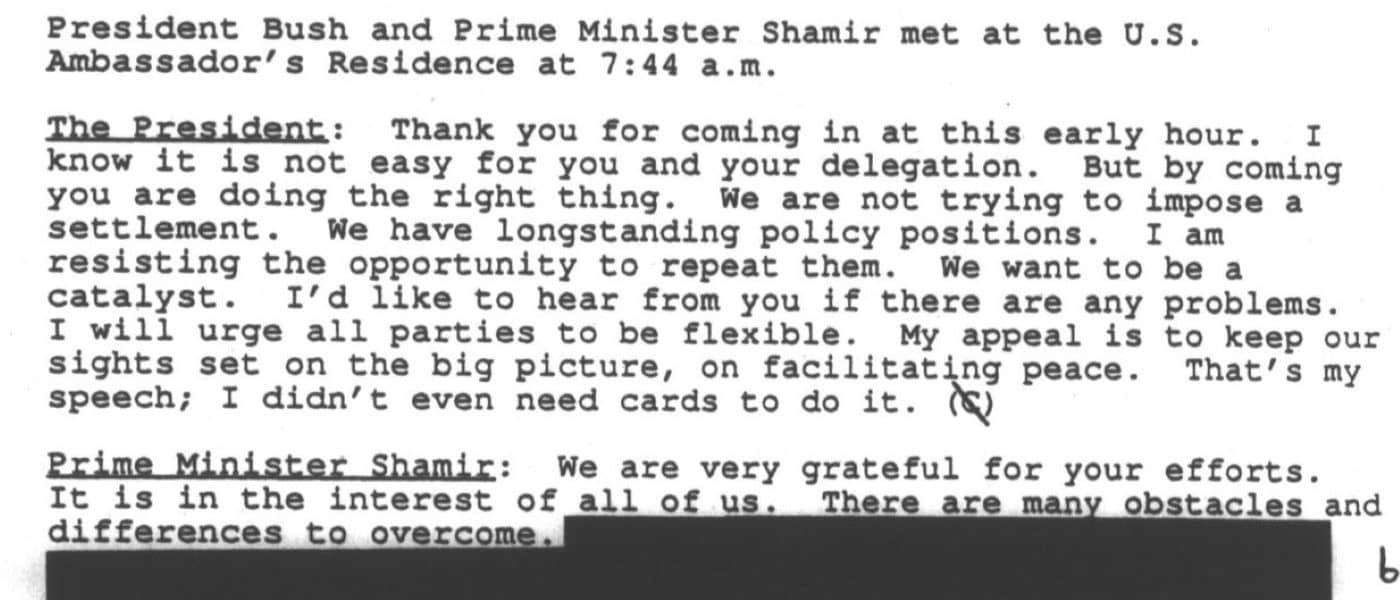 White House Office Of Records Management: Subject Files General CO 074 [309916]. October 30, 1991 - November 8, 1991. MS George H. W. Bush and Foreign Affairs: The Middle East Peace Conference in Madrid. George H.W. Bush Presidential Library. Archives Unbound, link.gale.com/apps/doc/SC5113966507/GDSC?u=asiademo&sid=bookmark-GDSC&xid=989fbf51&pg=5.!''