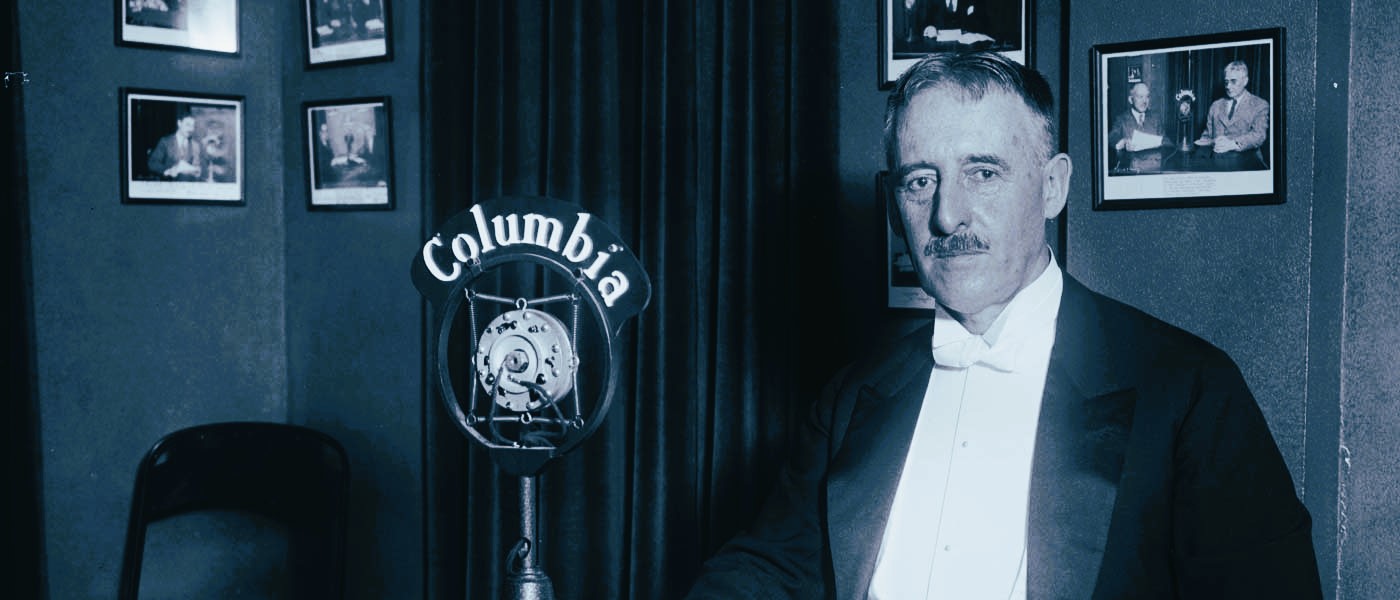 Henry Stimson seated for a radio address, circa 1930. Harris & Ewing, photographer; Library of Congress!''