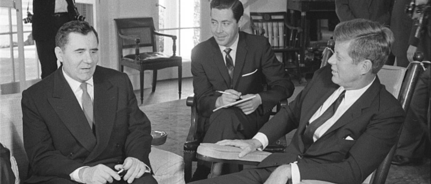 Andrei Gromyko, Soviet Minister of Foreign Affairs and President John F. Kennedy seated in the Oval Office in the White House during a meeting, 1963 Library of Congress