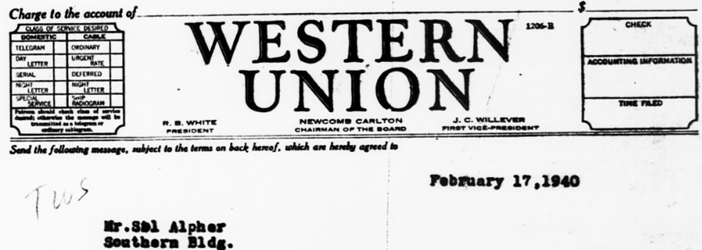 Baldwin, Roger N., Telegram, February 17, 1940, in Correspondence-Federal Legislation: Alien Legislation, Volume 2073.!''