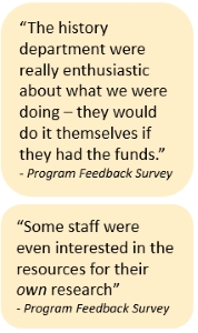 “The history department were really enthusiastic about what we were doing – they would do it themselves if they had the funds.” Program Feedback Survey  “Some staff were even interested in the resources for their own research” - Program Feedback Survey