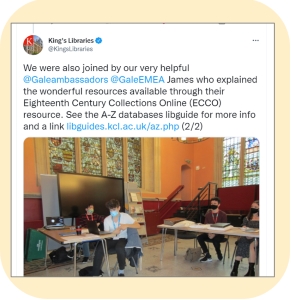 Tweet by King’s College London library celebrating that a Gale Ambassador offered training to students on ECCO