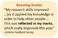 Boosting Grades “My research skills improved …[as I] applied my knowledge in order to help other people … This was reflected in my marks, which really improved this year.” -Scheme Feedback Survey