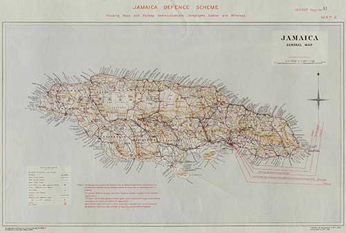 Great Britain. War Office General Staff Geographical Section, and Great Britain. War Office Intelligence Division. "Jamaica Defence Scheme Showing Road and Railway Communications, Telegraphs, Cables and Wireless, IDWO 1295E." British Library: Ministry of Defense Maps