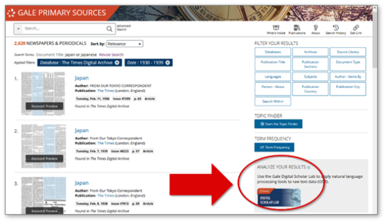 Gale Primary Sources の検索結果画面スクリーンショット