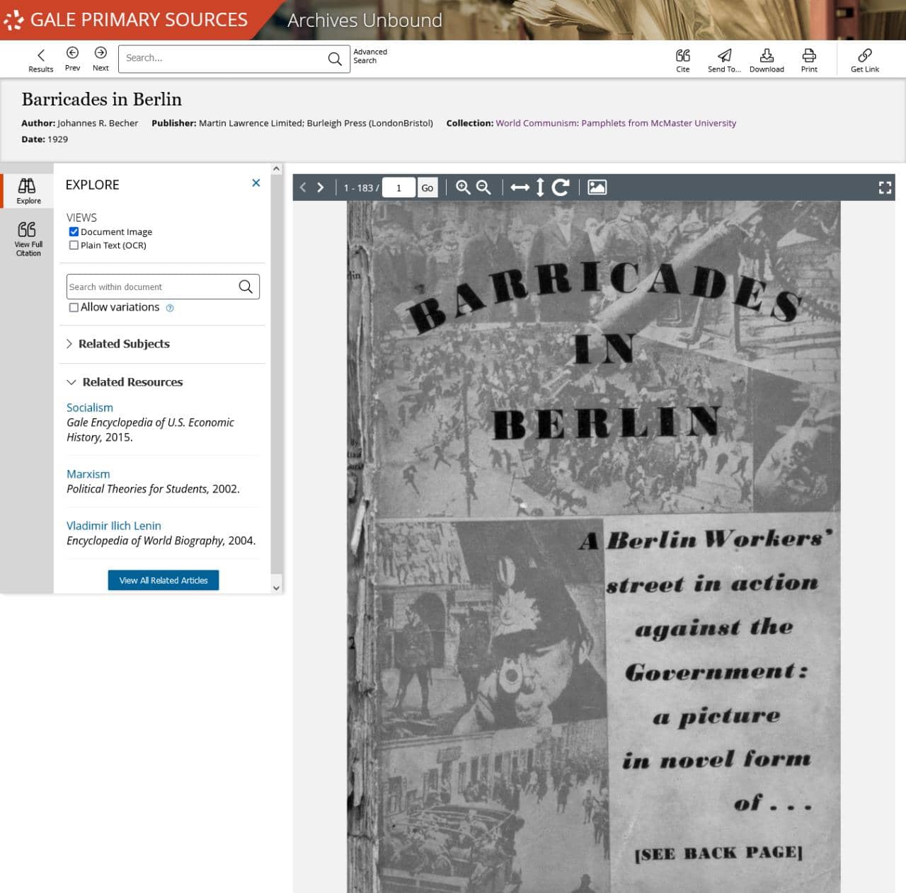 Becher, Johannes R. Barricades in Berlin. Martin Lawrence Limited; Burleigh Press, May 1929.