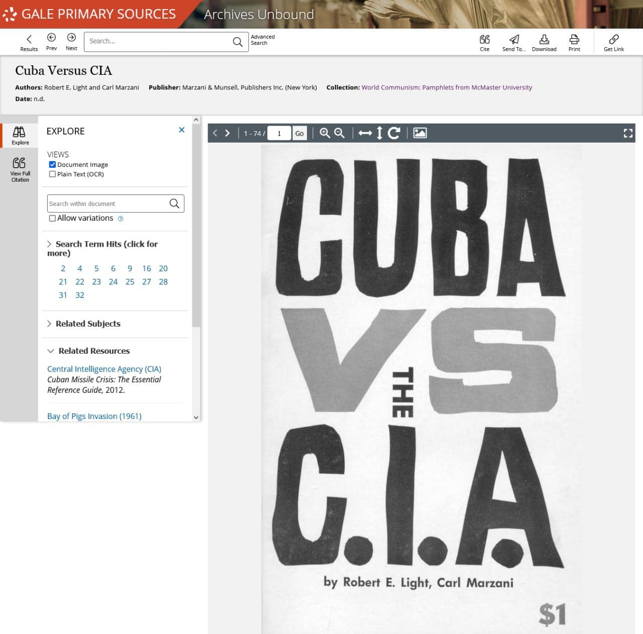 Light, Robert E., and Carl Marzani. Cuba Versus CIA. Marzani & Munsell, Publishers Inc., n.d.