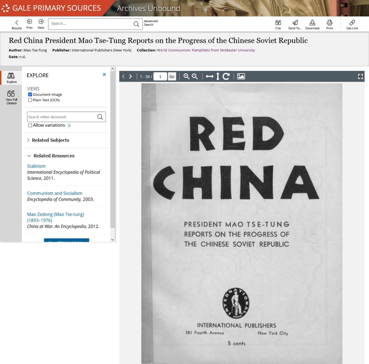 Tse-Tung, Mao. Red China President Mao Tse-Tung Reports on the Progress of the Chinese Soviet Republic. International Publishers, n.d.