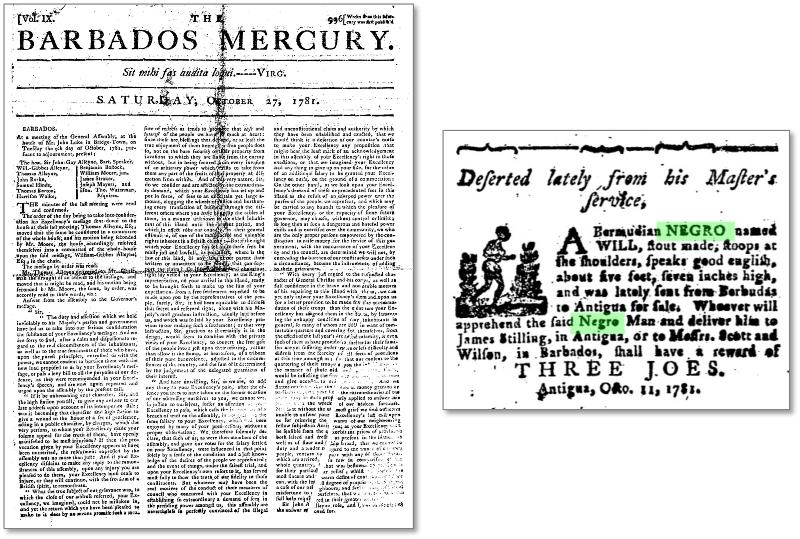 『バルバドス・マーキュリー』1781年10月27日号より（右は内ページ部分拡大、逃亡奴隷の広告）