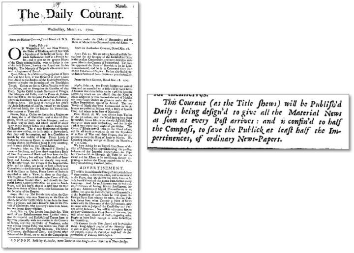 『デイリー・クーラント』1702年3月11日創刊号より（右は部分拡大、毎日刊行されることを述べている）