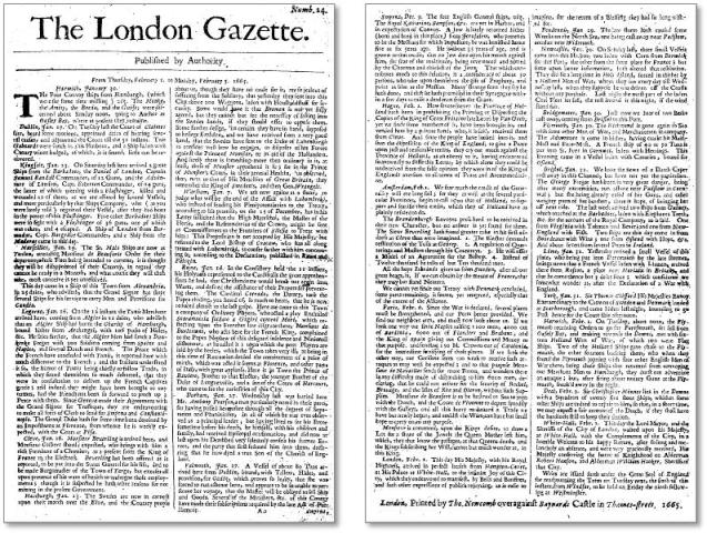 『ロンドン・ガゼット』1666年2月1日～5日より（１枚刷りの表と裏）