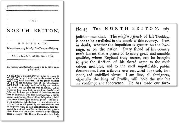 『ノース・ブリトン』第45号（1763年4月23日）より（右は内ページ部分拡大）