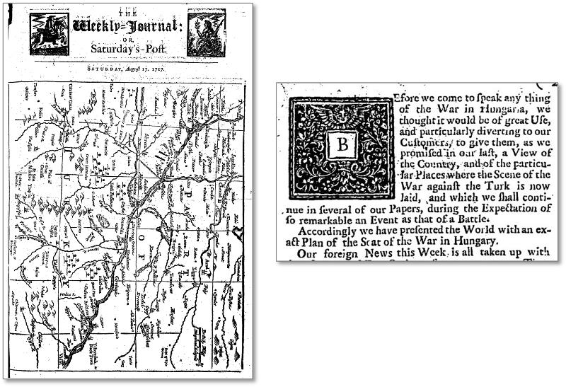 『ウィークリー・ジャーナル、またはサタデーズ・ポスト』1717年8月17日号より（左はベオグラード周辺の地図を載せた表紙、右は内ページ部分拡大）