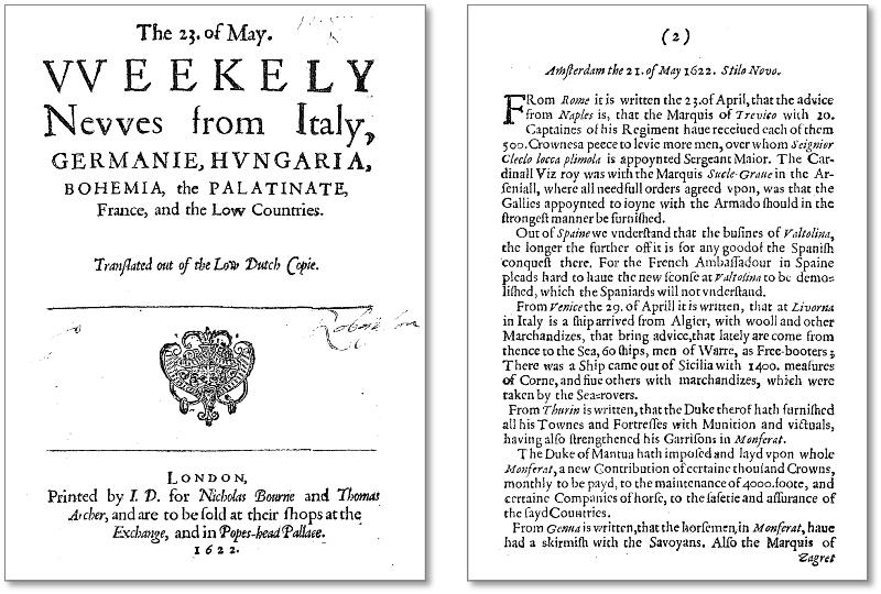 『イタリア（…）からのウィークリー・ニュース』1622年5月23日より（右は第２ページ部分）